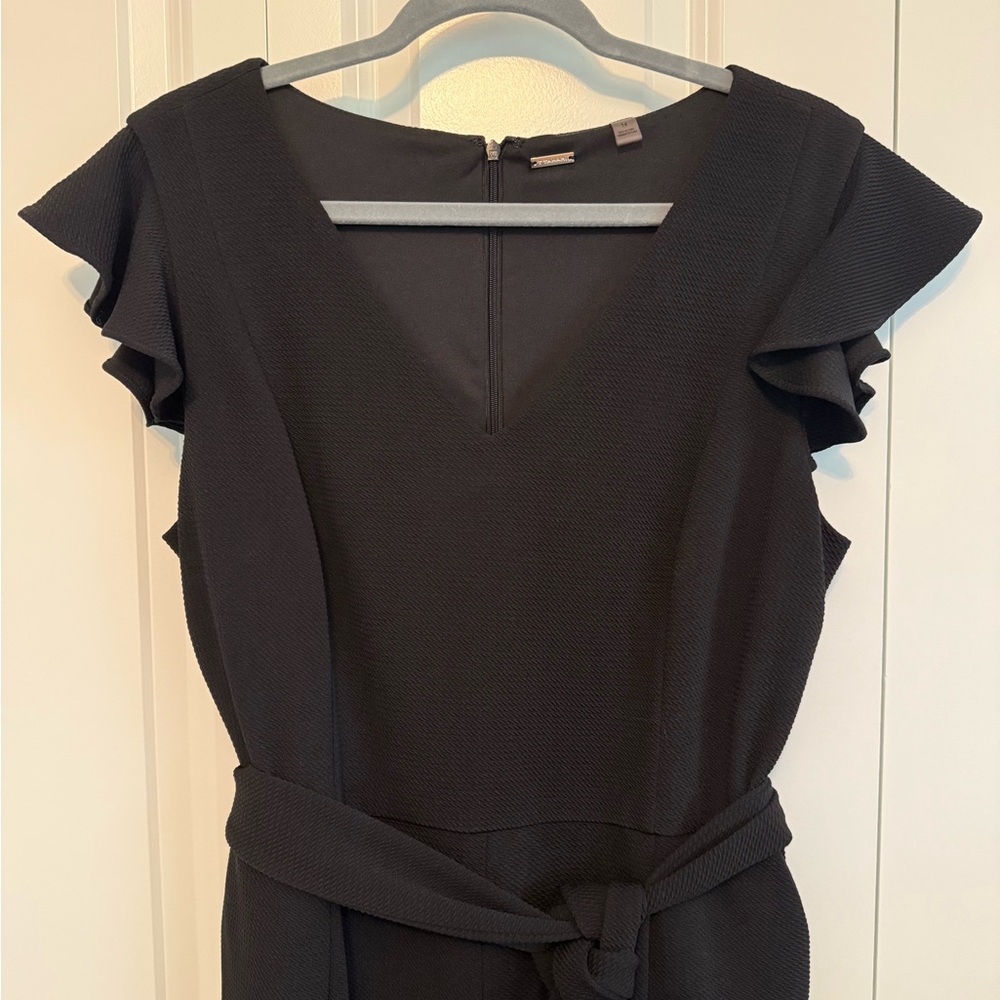 Tahari Black Sheath Dress with Ruffled Cap Sleeves V-Neck